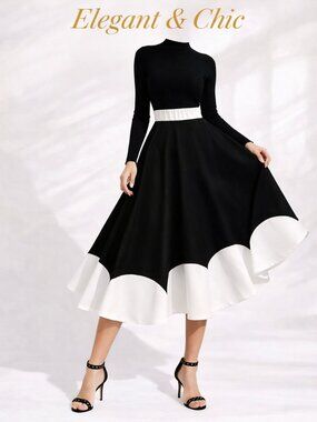 Black White Midi Skirt High Waist Elegant A-Line Pleated Skirt Size L